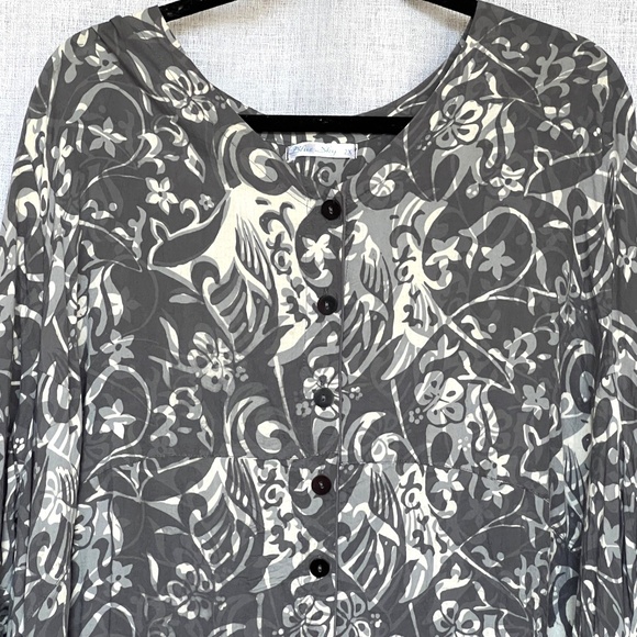BLUE SKY Clothing Top Blouse Gray Cream Print Tunic Boho Free Trade Button Up 2X - Picture 2 of 6